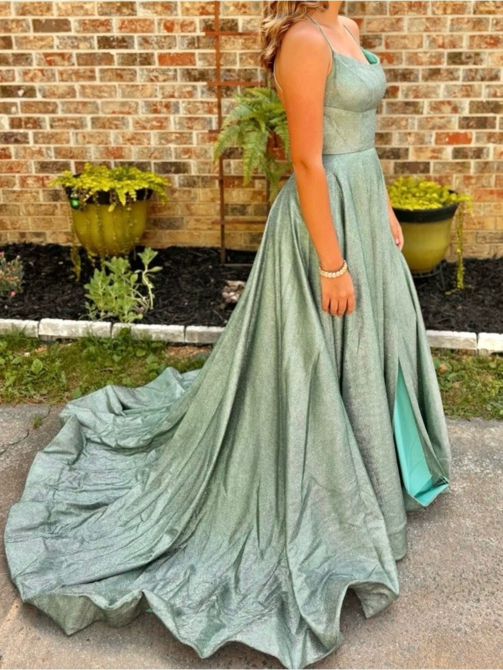 Sherri Hill Metallic Sage Green Ball Gown Prom Dress